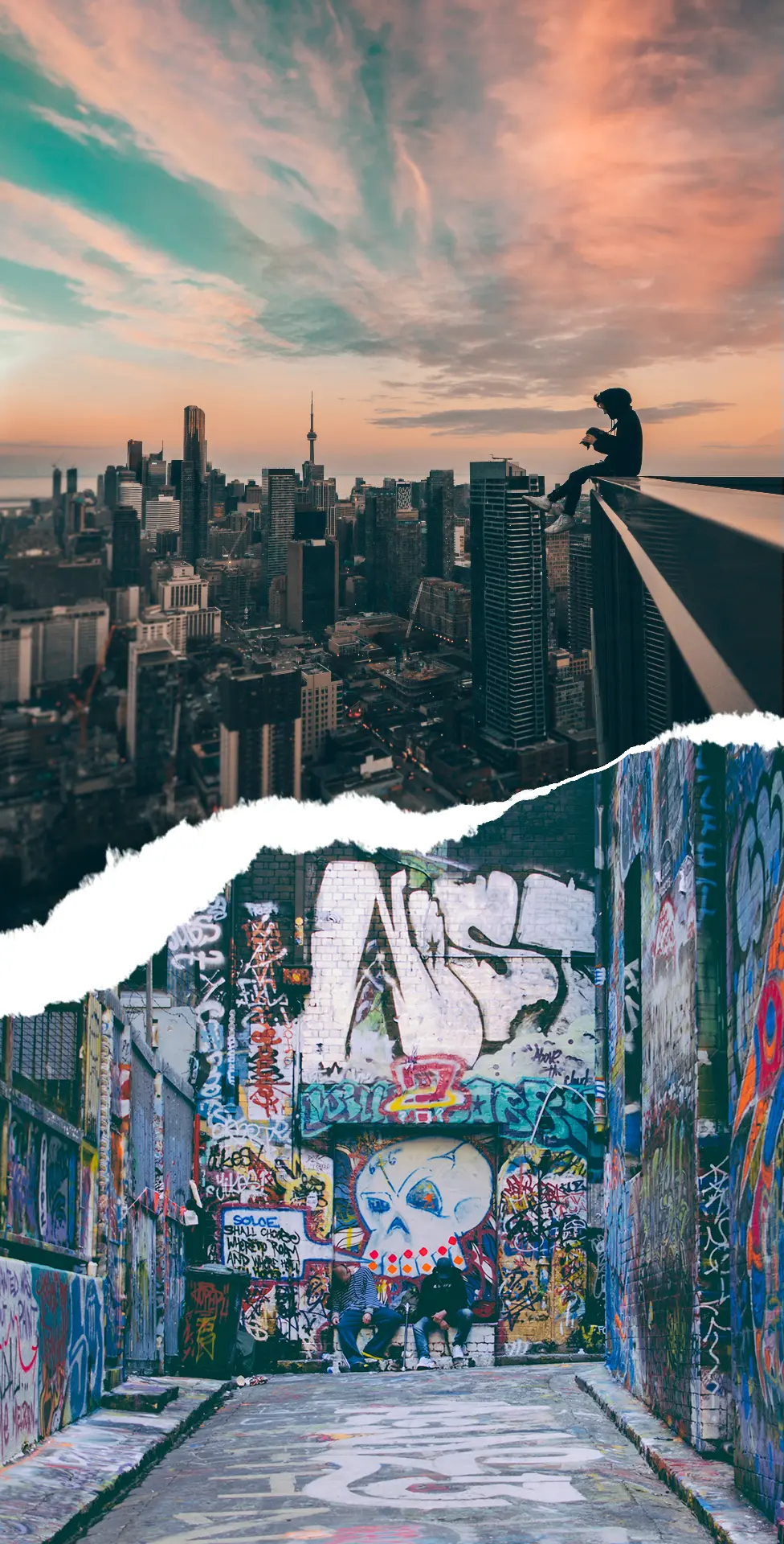 Primero Melbourne — rooftop figure above the city, torn open to reveal a graffiti-covered laneway