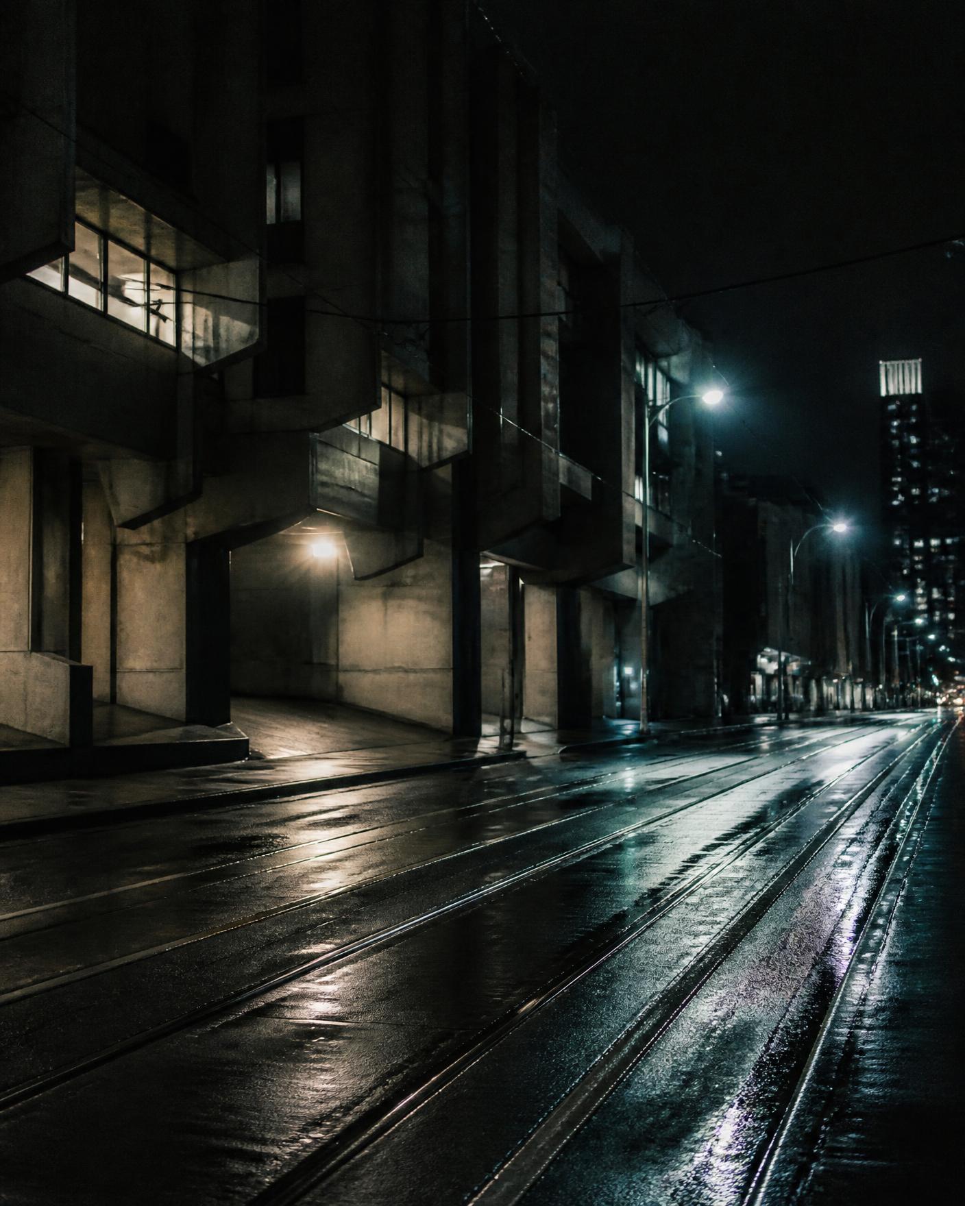 Placeholder lookbook image: wet Melbourne tram tracks and brutalist concrete at night